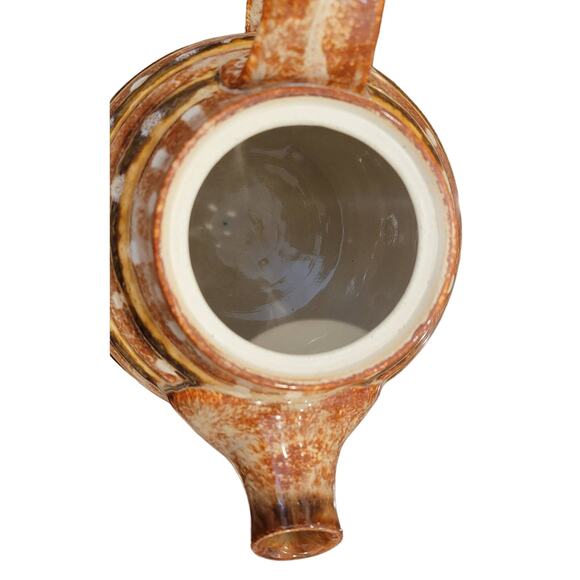 Art Pottery Brown striped and white drip glaze teapot signed - Picture 5 of 13